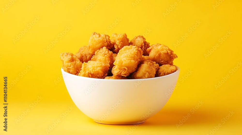 A white bowl filled with golden-brown fried chicken pieces sits against a yellow background. A white bowl filled with golden-brown fried chicken pieces sits against a yellow background.