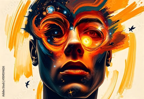 Human face changing into a swirling galaxy