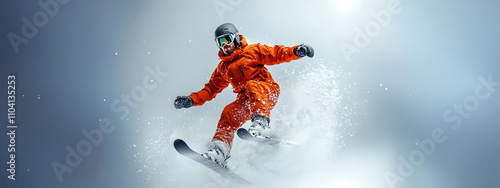 free-rider jumping, snow background with copy space for text. Winter sports concept. For banner, design, sale, social media, blog, cover, thumbnail, presentation photo