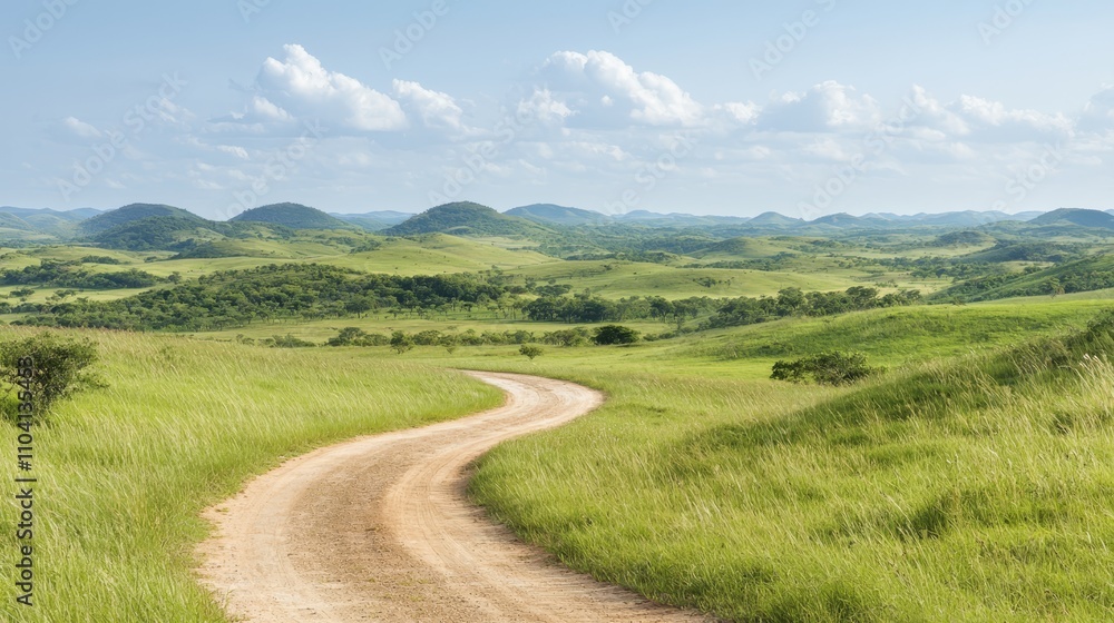 a dirt road winding through a lush green field, surrounded by trees and hills, with a sky full of clouds in the background a dirt road winding through a lush green field, surrounded by trees and hills, with a sky full of clouds in the background