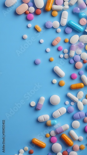 Pharmaceutical pills in various colors and shapes viewed from above.