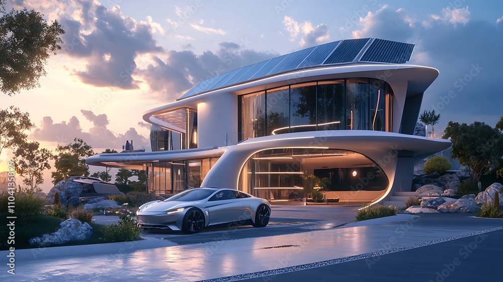 Obraz premium A futuristic smart house with solar panels on the roof and electric car charging in the driveway
