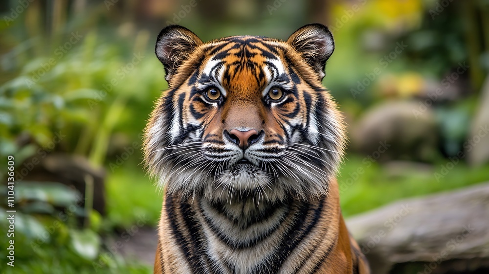 Fototapeta premium A close-up of a tiger showcasing its striking features and vibrant colors in a natural setting.