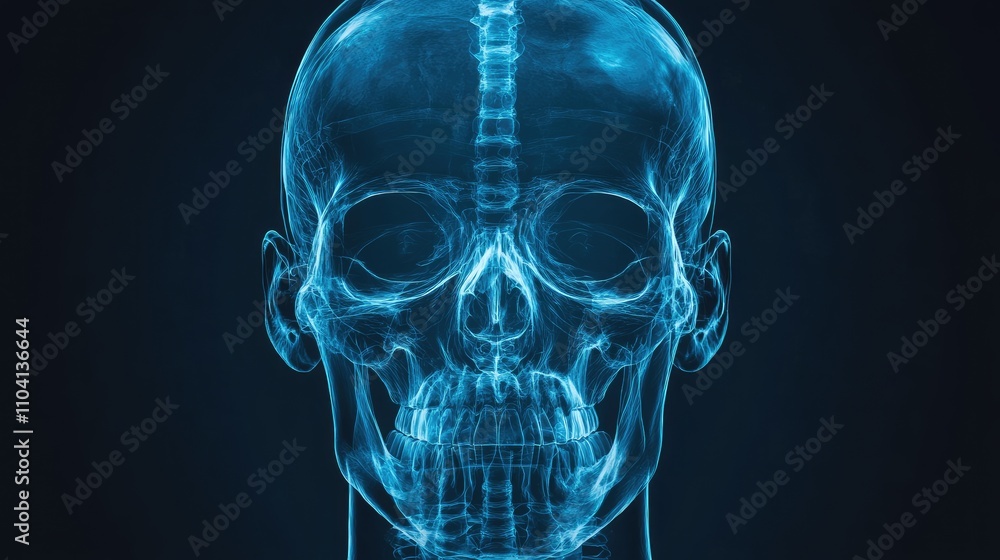 X-ray head scan, showing cranium and facial bones, 3D illustration X-ray head scan, showing cranium and facial bones, 3D illustration