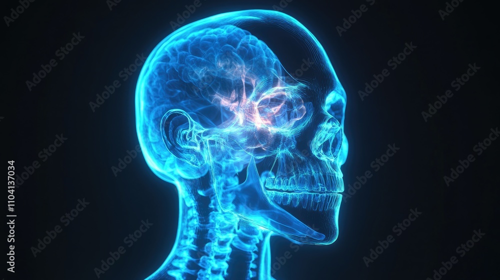 X-ray head scan, showing cranium and facial bones, 3D illustration X-ray head scan, showing cranium and facial bones, 3D illustration