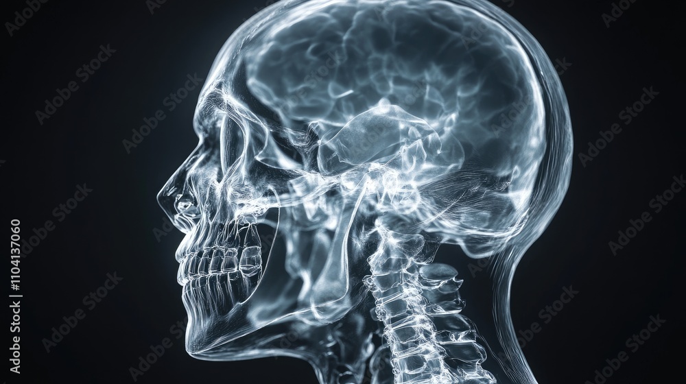 X-ray head scan, showing cranium and facial bones, 3D illustration X-ray head scan, showing cranium and facial bones, 3D illustration
