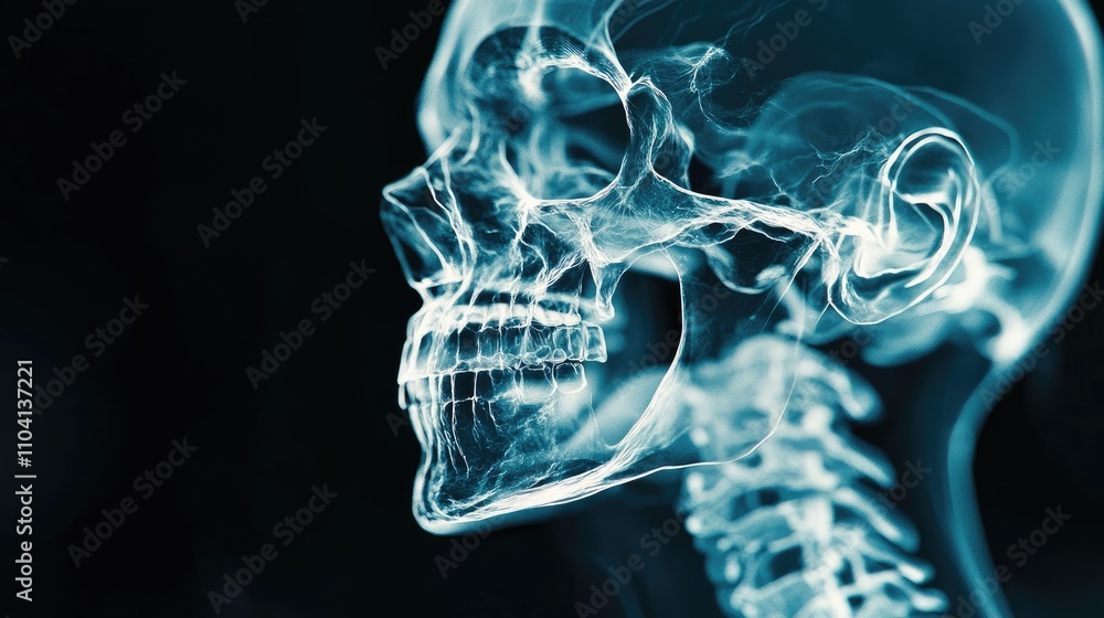 X-ray head scan, showing cranium and facial bones, 3D illustration X-ray head scan, showing cranium and facial bones, 3D illustration
