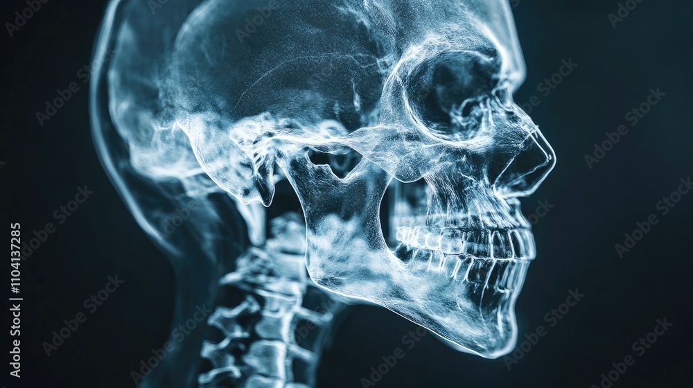 X-ray head scan, showing cranium and facial bones, 3D illustration X-ray head scan, showing cranium and facial bones, 3D illustration