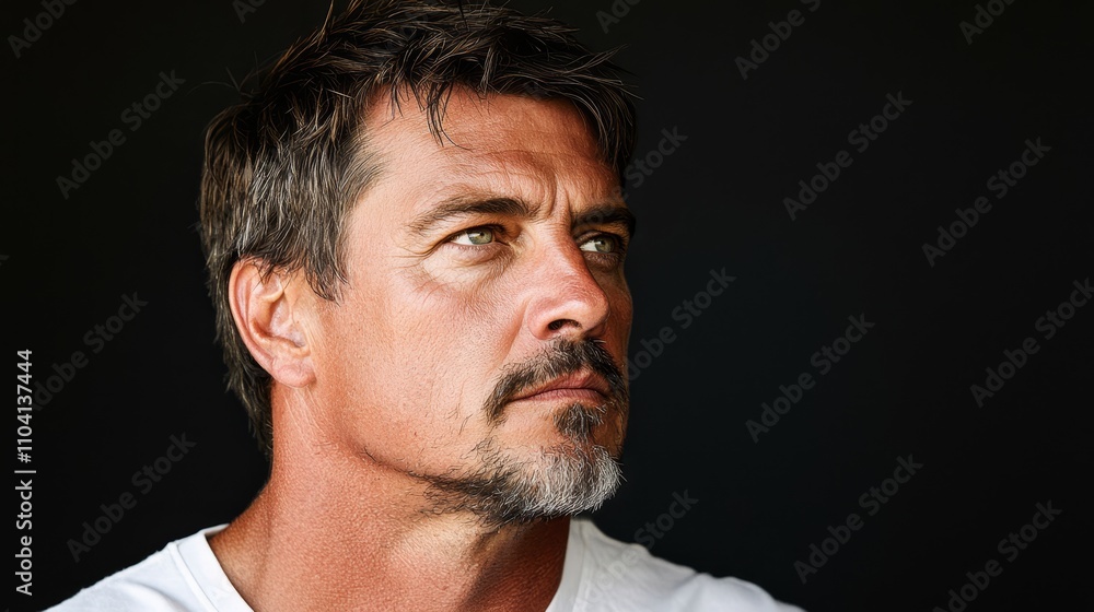 Fototapeta premium a man with a beard wearing a white t-shirt against a black background