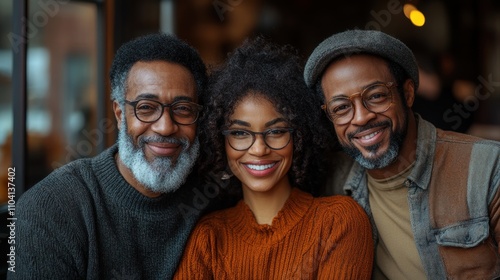 A heartwarming moment captured as three friends gather together indoors, showcasing joyful smiles and a sense of deep camaraderie in an intimate setting.