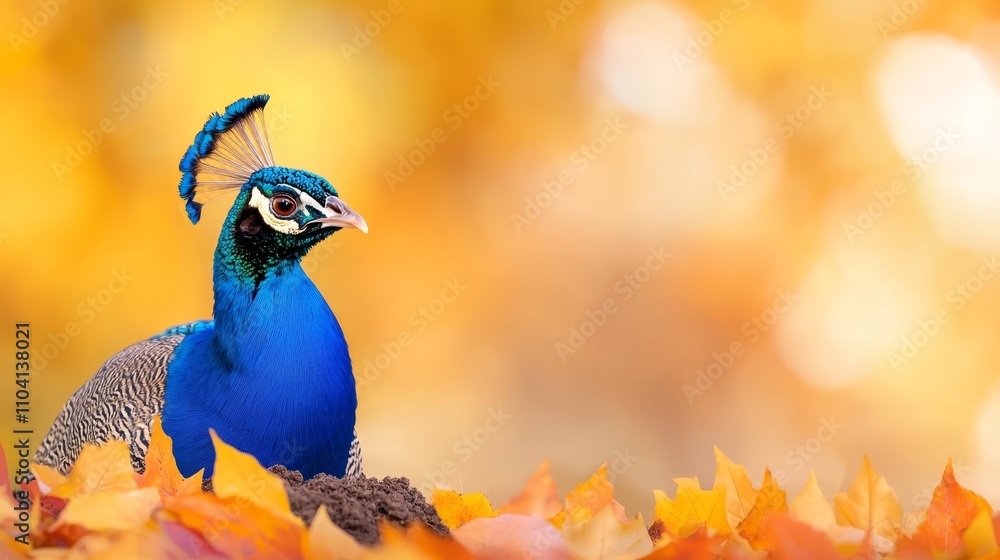 a blue peacock standing atop a pile of yellow leaves, with a blurred background a blue peacock standing atop a pile of yellow leaves, with a blurred background