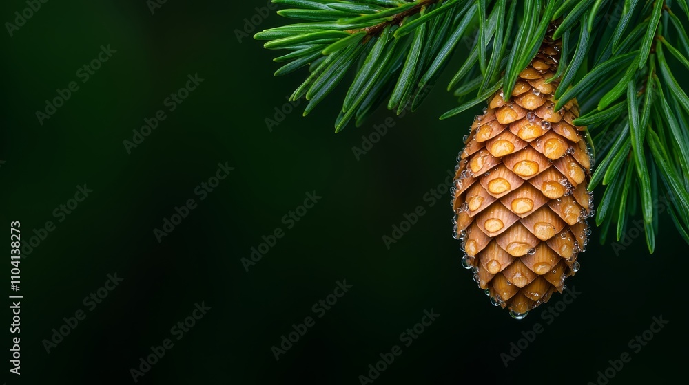 a close up of a pine cone on a tree branch with water droplets glistening on its surface The background is a lush green color, and the pine cone is a deep brown co a close up of a pine cone on a tree branch with water droplets glistening on its surface The background is a lush green color, and the pine cone is a deep brown co