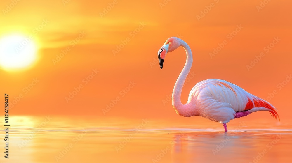 Naklejka premium a pink flamingo standing in the water at sunset, with the sun setting in the background and the sky painted in a beautiful array of oranges, pinks, and purples