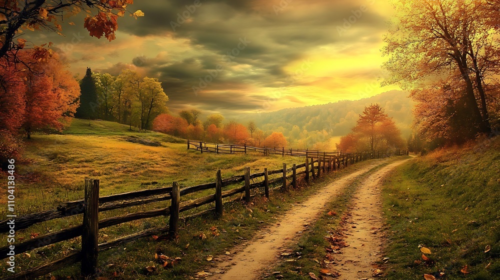 Naklejka premium A rustic split-rail fence lining a dirt path through a picturesque countryside