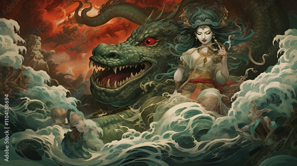 Fototapeta premium Chinese goddess riding a giant green sea dragon amidst crashing ocean waves under a dramatic red sky.