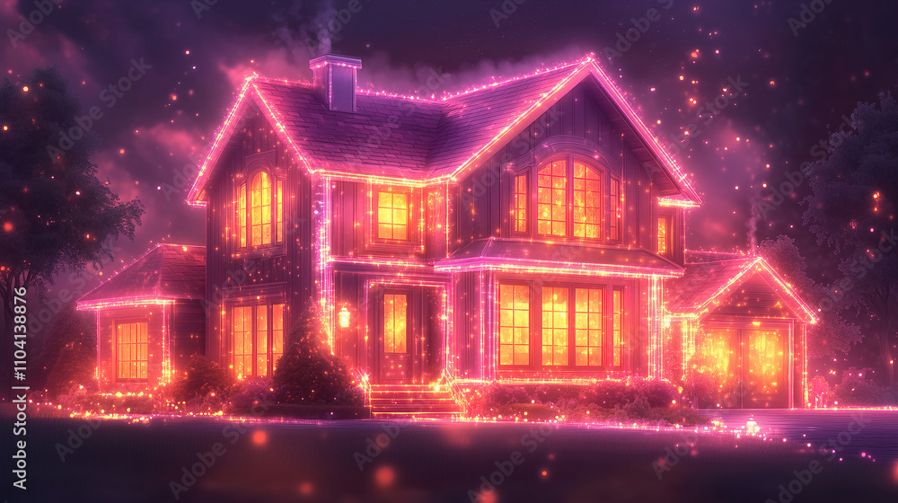 Enchanting illuminated house surrounded by shimmering lights at night. Generative AI Enchanting illuminated house surrounded by shimmering lights at night. Generative AI