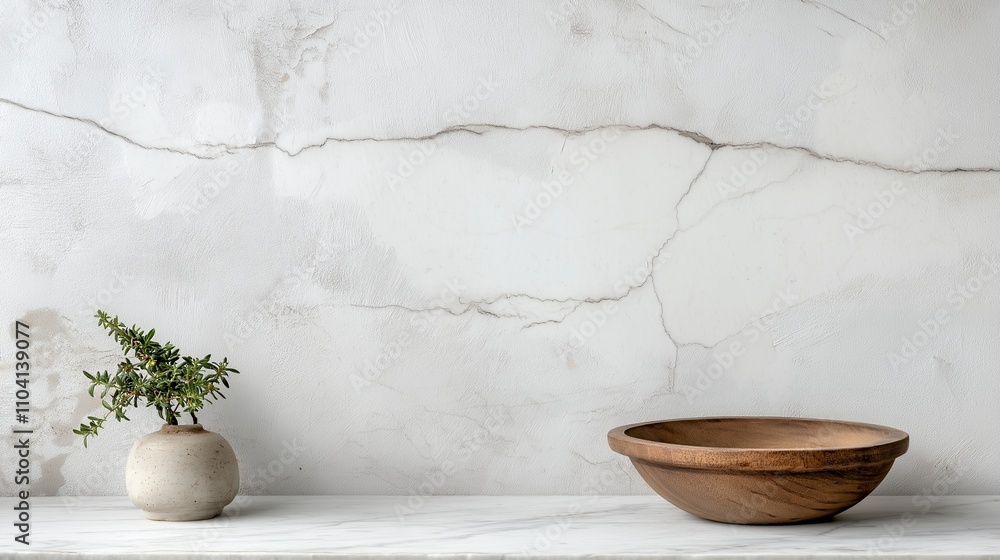 A minimalist display featuring a small plant in a vase next to a wooden bowl on a marble surface. A minimalist display featuring a small plant in a vase next to a wooden bowl on a marble surface.