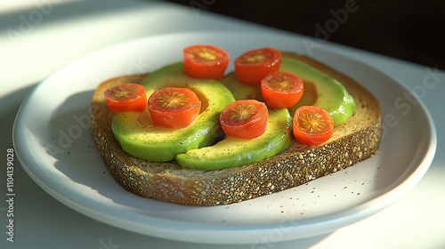 Whole grain toast topped with smashed avocado and cherry tomatoes, brain-boosting breakfast, simple and healthy. photo