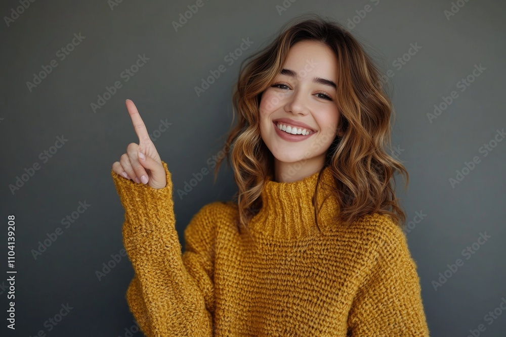A smiling woman wearing a yellow sweater points her finger, a gesture of direction or emphasis A smiling woman wearing a yellow sweater points her finger, a gesture of direction or emphasis