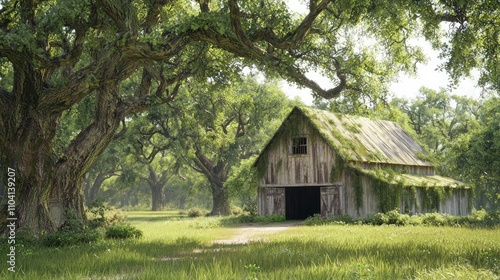 Tranquil Rustic Scene: Weathered Barn with Mossy Roof and Oak Trees in Dappled Sunlight | Ultra-Detailed