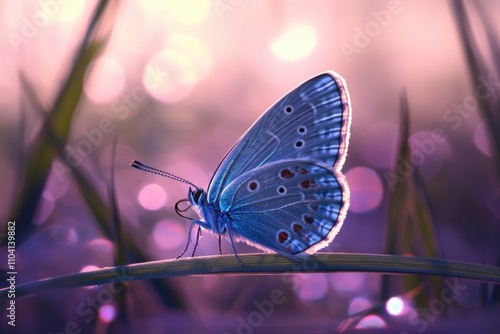 A blue butterfly perched on a single blade of grass, natural environment photo