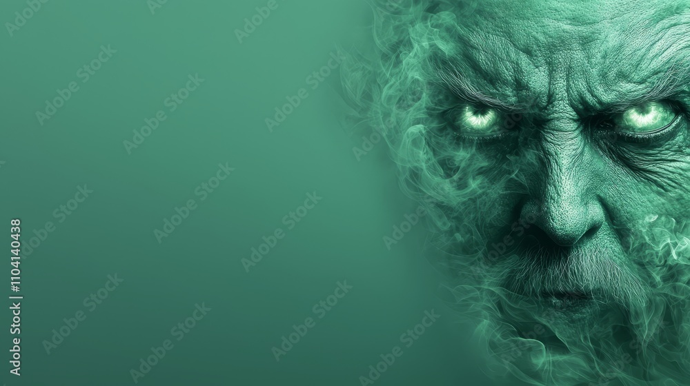 an old man with green eyes and smoke coming out of his mouth, set against a green background His face is animated, giving the impression of movement an old man with green eyes and smoke coming out of his mouth, set against a green background His face is animated, giving the impression of movement
