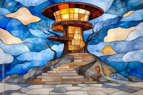 A whimsical watercolor of a fantastical building blueprint, with flowing brushstrokes and soft, glowing lines