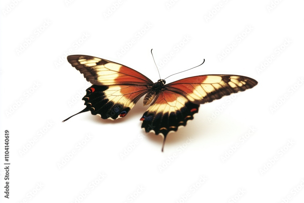 Naklejka premium A butterfly sits on a plain white background, its wings spread out