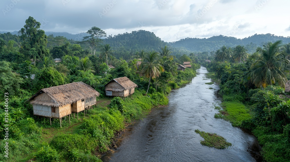 a small village nestled in the middle of a lush green forest, with a river running through it On either side of the river, there are trees and huts, and in the bac a small village nestled in the middle of a lush green forest, with a river running through it On either side of the river, there are trees and huts, and in the bac