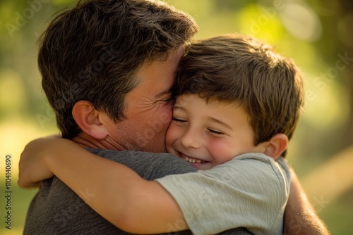 A man embracing a young boy in a public park