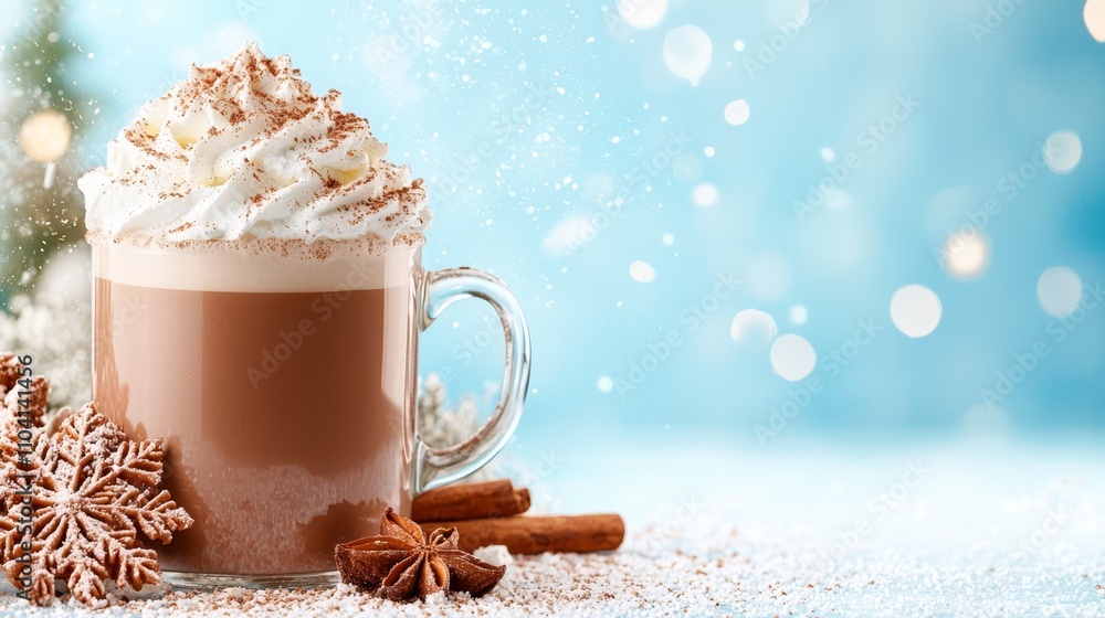 a cup of hot chocolate with whipped cream and cinnamon on a blue background The cup is filled with a warm, inviting liquid, likely hot chocolate, and is topped wit a cup of hot chocolate with whipped cream and cinnamon on a blue background The cup is filled with a warm, inviting liquid, likely hot chocolate, and is topped wit