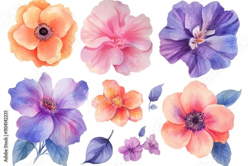 A beautiful bouquet of flowers painted in watercolor style, perfect for use in illustrations, designs, and more