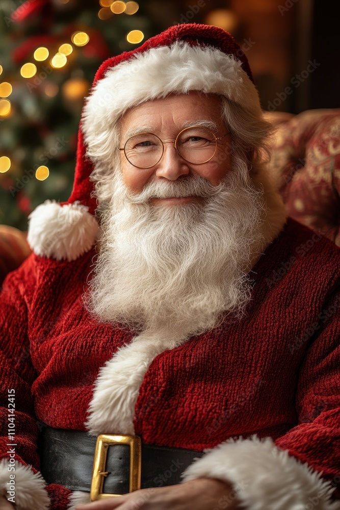 A cheerful image of a person dressed in a festive, traditional Santa Claus costume with a warm smile and a decorated Christmas tree behind them. A cheerful image of a person dressed in a festive, traditional Santa Claus costume with a warm smile and a decorated Christmas tree behind them.