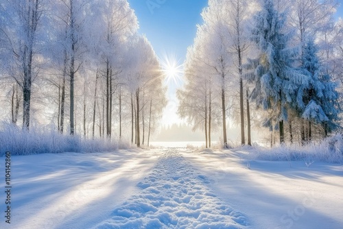 A snowy path leads through a sun-dappled winter forest, the trees frosted white and the ground covered in a blanket of fresh snow.