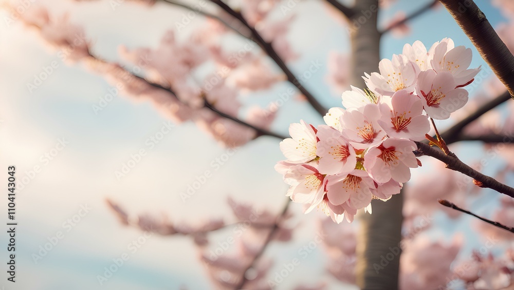 Fototapeta premium A beautiful cherry blossom tree in full bloom with pink petals against a clear blue sky, capturing the essence of spring in a Japanese garden