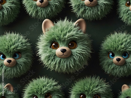 Aerial view of a cute sage green furry character for creative projects. photo