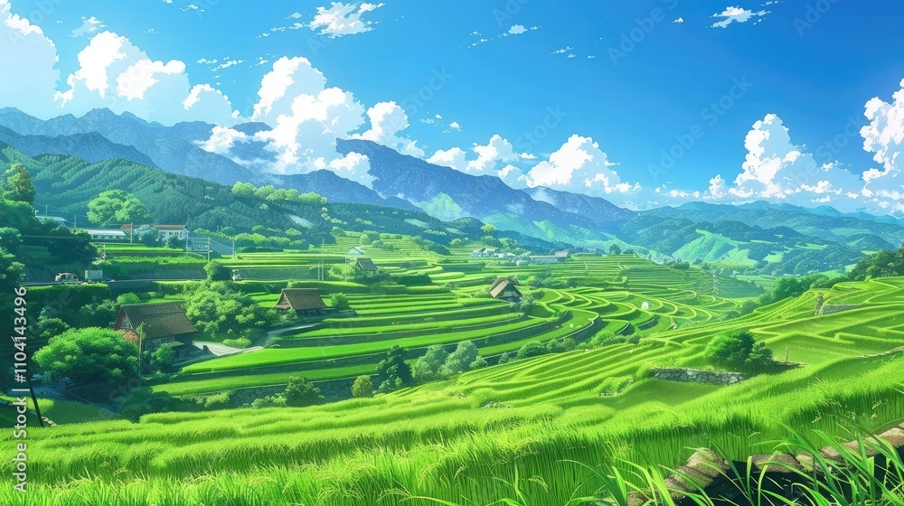 Lush green terraced fields under a bright blue sky with mountains in the background. Lush green terraced fields under a bright blue sky with mountains in the background.
