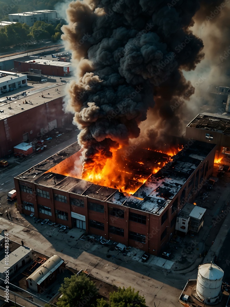 Aerial view of a factory on fire with firefighters. Aerial view of a factory on fire with firefighters.