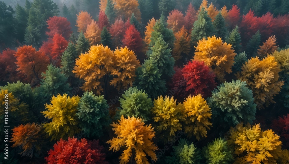 Aerial view of a foggy autumn forest with vibrant colors. Aerial view of a foggy autumn forest with vibrant colors.