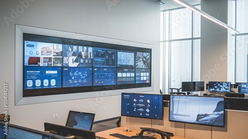 A photo of a modern office space with innovative display solutions. There is a large touch screen display wall with multiple screens Ai Generated