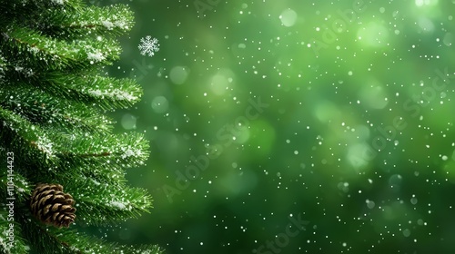  a Christmas tree adorned with snowflakes and a pine cone, set against a green background The tree is covered in a blanket of white snow, and the pine cone is a dee photo