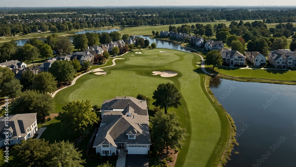 Aerial view of a golf course with a river and suburban neighborhood. Aerial view of a golf course with a river and suburban neighborhood.