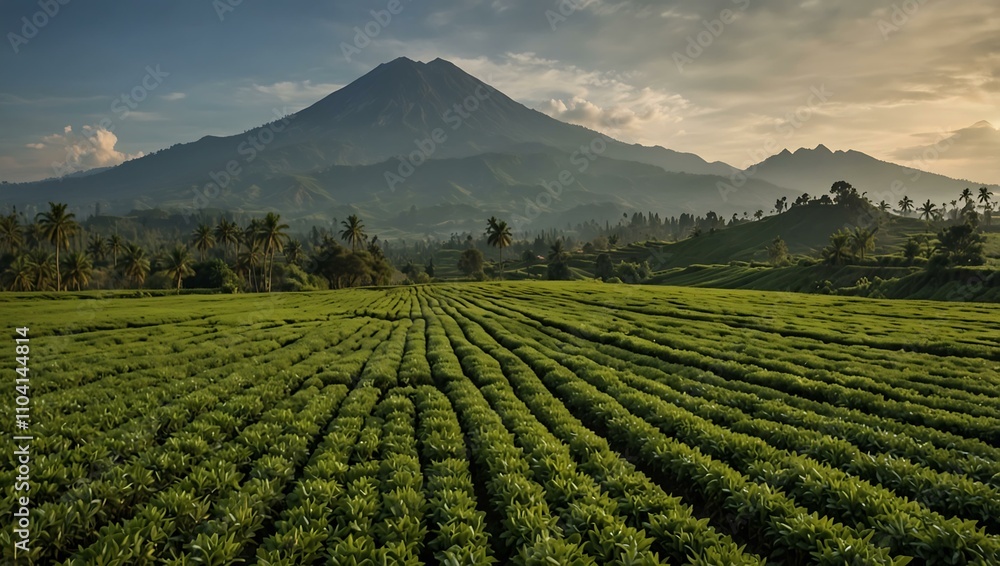 Aerial view of a green tea field in Wonosobo, Indonesia, with Mt. Sumbing in the background. Aerial view of a green tea field in Wonosobo, Indonesia, with Mt. Sumbing in the background.