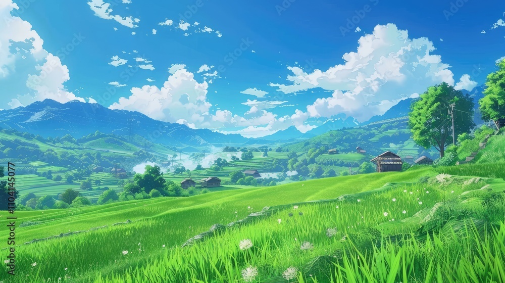 A vibrant landscape featuring rolling green hills, mountains, and a clear blue sky. A vibrant landscape featuring rolling green hills, mountains, and a clear blue sky.