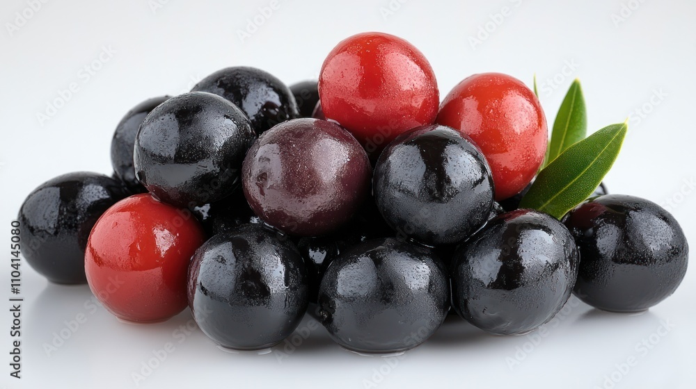 Assorted olives, black and red, clustered together, with leaves. Assorted olives, black and red, clustered together, with leaves.