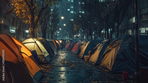 Dark rainy night shows rows of tents in the city.