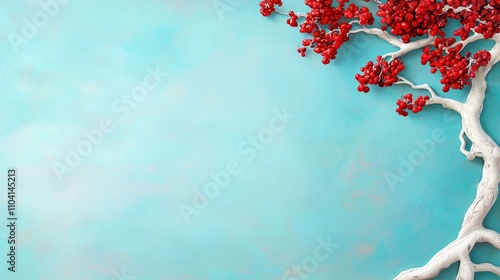  a tree with red berries on a blue background The tree is painted in a realistic style, with its branches and leaves clearly visible The red berries stand out agai photo