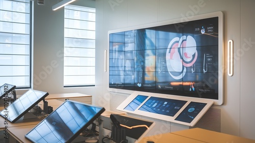 A photo of a modern office space with innovative display solutions. There is a large touch screen display wall with multiple screens Ai Generated