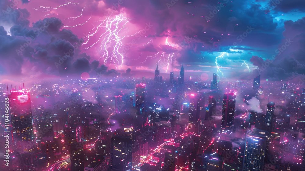 Fototapeta premium Futuristic Neon Cityscape with Dramatic Lightning and Vibrant Skies Over a Modern Urban Skyline at Night