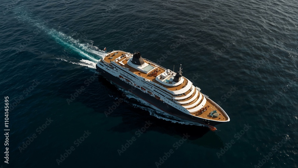 Fototapeta premium Aerial view of a luxury floating ship on the ocean.